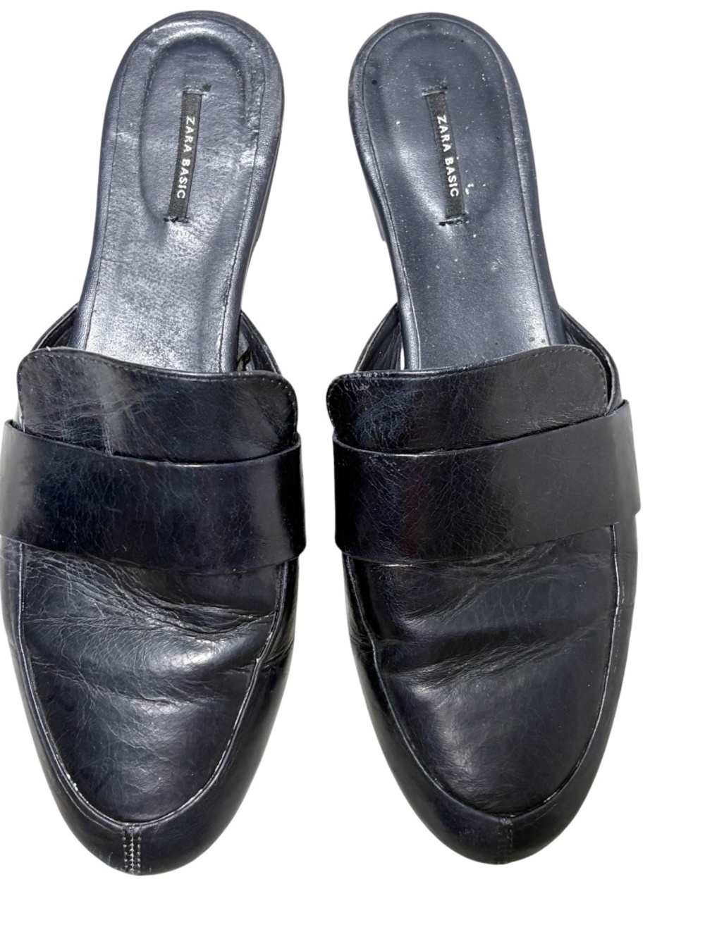 ZARA BASIC Leather Mule Loafers Women's 8.5/9 Navy Slip On Almond Toe Flats